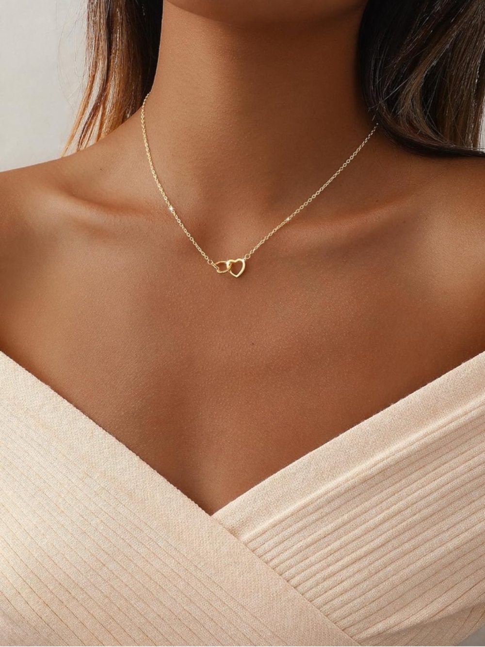 Delicate Gold Double Heart Pendant Necklace - Women Jewelry